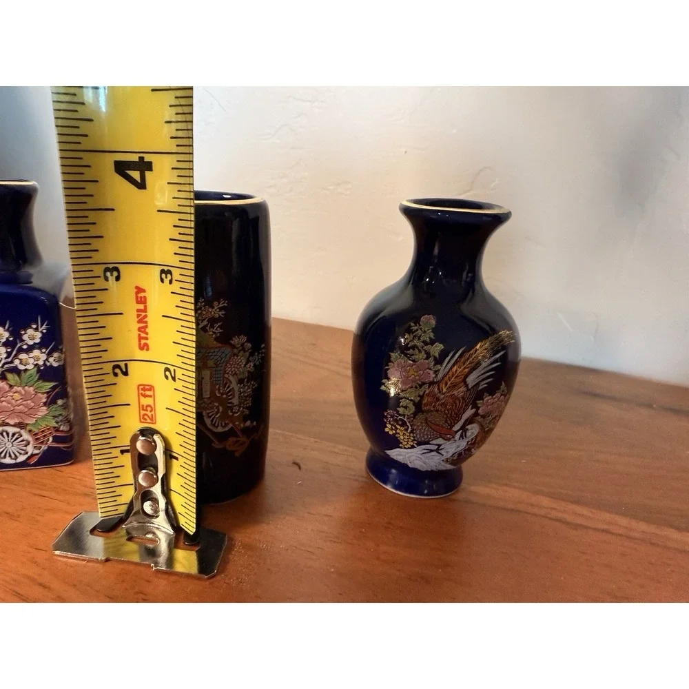 Vintage Toyo Japanese Mini Vases Cobalt Blue with Gold Trim Kutani Style Set 3